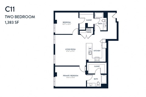 Floor plan for 2 beds, 2 baths, 1383 sqft
